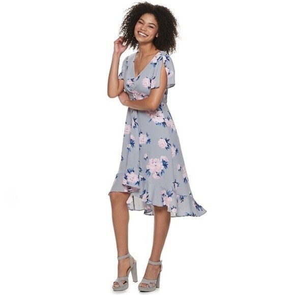 Beautiful gray and pink floral smocked midi dress size small - Picture 1 of 9